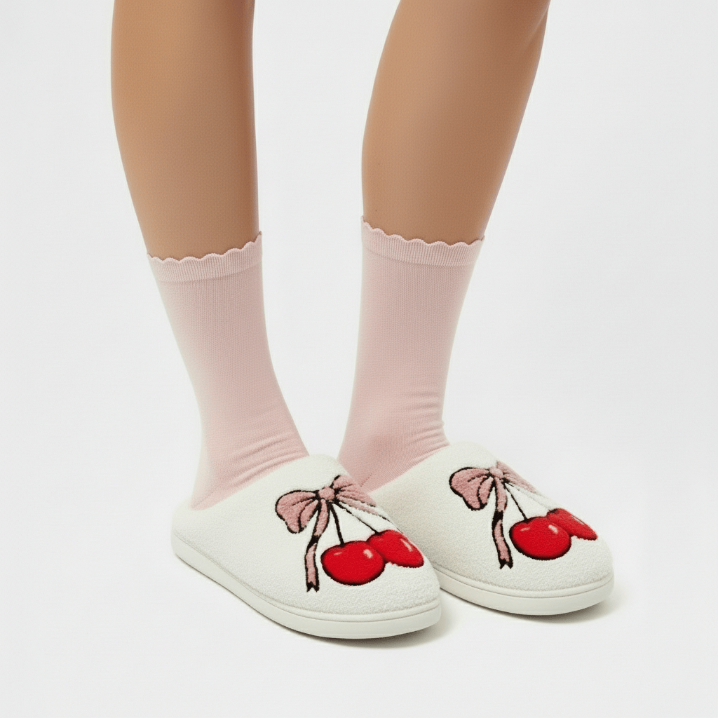 Chaussons Confort Calmero – Cerise & Nœud